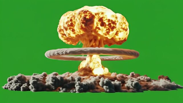 nuclear blast green screen with symmetrical fiery mushroom cloud