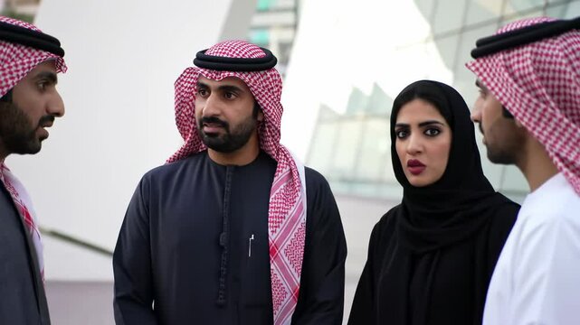 Meeting of sheikhs and Muslim businesswoman in black abaya on the street, discussing planning, strategy, business ideas, and decisions