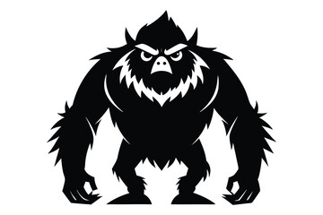 Menacing black yeti figure stands tall, radiating strength and wildness on an isolated white backdrop