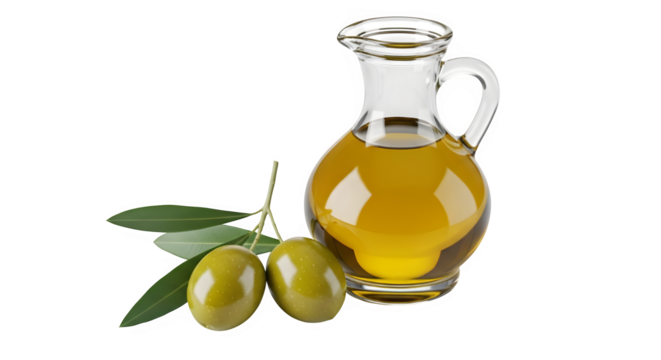 Golden Olive Oil in Glass Pitcher with Fresh Olives and Leaves a perfect image for food blogs websites and cooking recipe books, transparent background