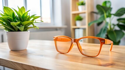 Stylish Orange Glasses on Wooden Desk with Plants Home Office Vibes