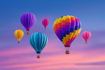 Obraz premium Colorful hot air balloons rise gracefully into the calm sky during sunset. Vibrant hues contrast beautifully against pastel clouds. Concept of travel, adventure, event planning