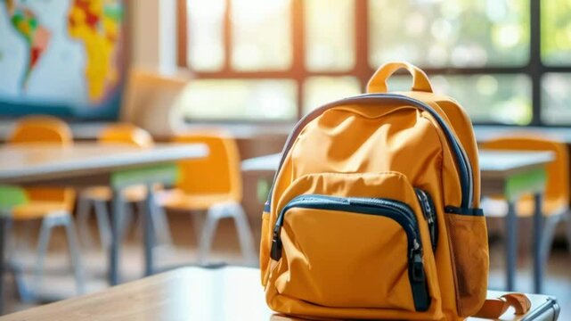 Backpack for childs student on classroom blurred and sunlight background. Back to school concept 