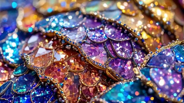 beautiful fairy tale dragon scale, sparkling with colorful gemstones and glittering sequins on the scales