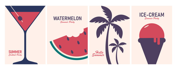 Minimal Summer Party Poster Set – Cocktail, Watermelon, Palm Tree, and Ice Cream Illustrations. Ideal for invitations, event posters, social media graphics, wall decor, festival, cafe menu and flyer. 