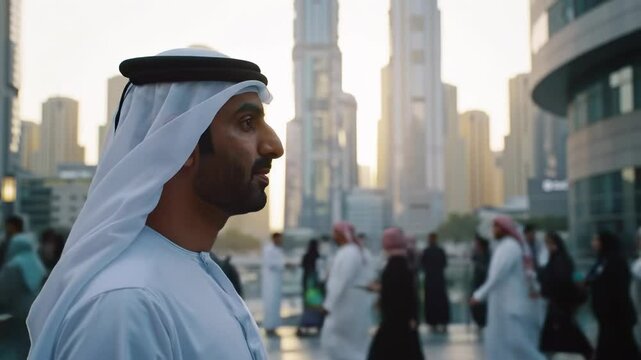 Side portrait of a sheikh walking down a street with people and tall skyscrapers in the background, symbolizing pride, success, and power