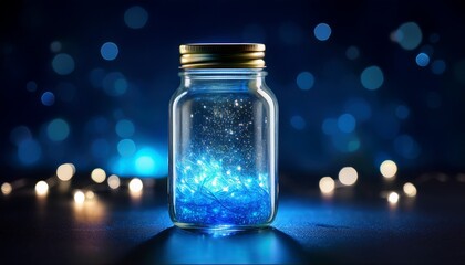 a glass jar containing glowing blue matter and bokeh effects on a dark background