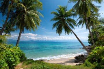 Fototapeta premium Beach scene with turquoise water palm trees and distant mountains under a blue sky