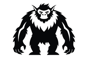 A stylized black yeti with pointed ears is standing menacingly, its gaze intense