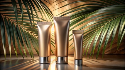Luxury Skincare Golden Tubes & Tropical Palm Leaves - Product Mockup