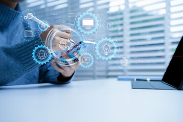 Digital transformation technology strategy, Person using laptop, tablet and smartphone with of...