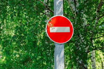 A red round sign with a white stripe prohibiting entry against a background of green foliage. It is...