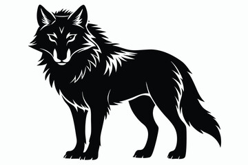 A sleek black wolf stands alertly, its detailed fur and sharp features clearly visible