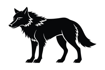 The stylized black wolf gazes steadfastly ahead with its thick coat, appearing resolute