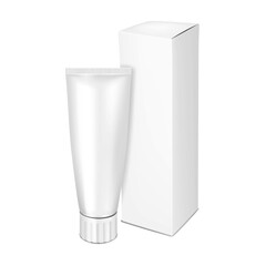 Squeeze tube with screw cap and blank white carton packaging. 3d vector mockup. Plastic collapsible tube with paperboard box. Realistic mock-up. Health or beauty product pack set. Template for design