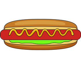 Colorful cartoon hot dog with mustard and lettuce in bun, fast food clipart design