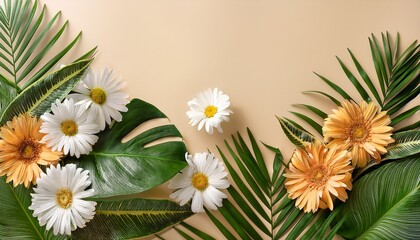 tropical greenery and daisies on cream a botanical arrangement