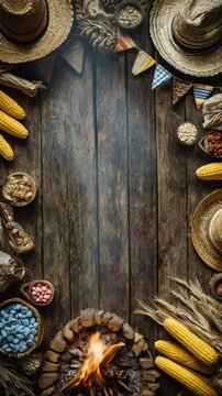Traditional food and decorations for Brazilian Festa Junina, creating a frame with corn, sweets, and a bonfire on wood.

