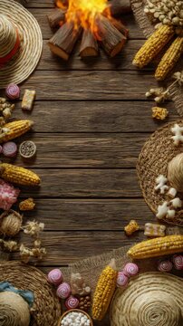Festa Junina celebration frame with bonfire, corn, straw hats, and typical sweets on a rustic wood background. Top view.


