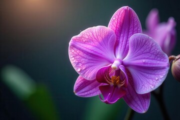 Glistening purple orchid, dew drops, exquisite detail, bloom, background