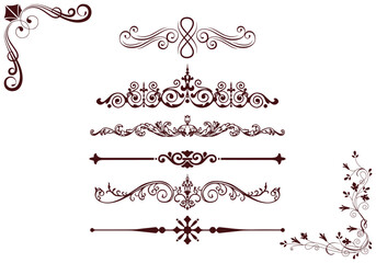 Vintage vector floral design elements set with ornate calligraphic swirls, leaves, and corner silhouettes for decoration and borders