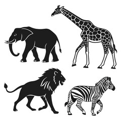 Lion, elephant, giraffe, and zebra are walking wildlife animals in black vector