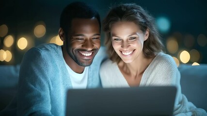 A diverse couple enjoying quality time while browsing on a laptop at home. - Powered by Adobe
