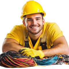 Man with electrical wire on transparent background