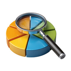 3d pie chart with magnifying glass isolated on transparent background