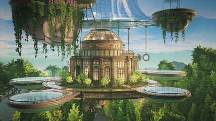 a whimsical floating city hanging