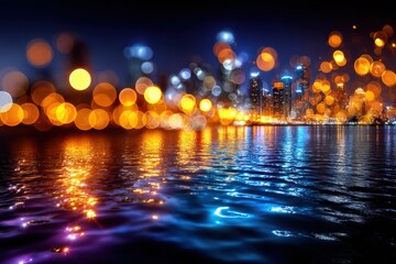 Vibrant city skyline reflects in calm water at night with colorful bokeh lights