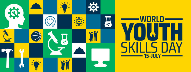 World Youth Skills Day background or banner design. Colorful Grid with Diverse Icons Science, Sports, Tools, Tech, Human Figures on Green, Yellow, and Blue Background.