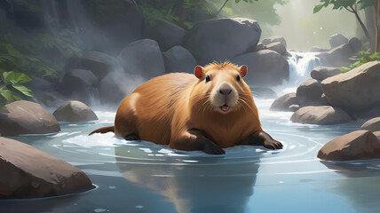 Capybara in a Tranquil Stream A Serene Wildlife Illustration