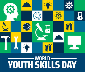World Youth Skills Day background or banner design. Colorful Grid with Diverse Icons Science, Sports, Tools, Tech, Human Figures on Green, Yellow, and Blue Background.