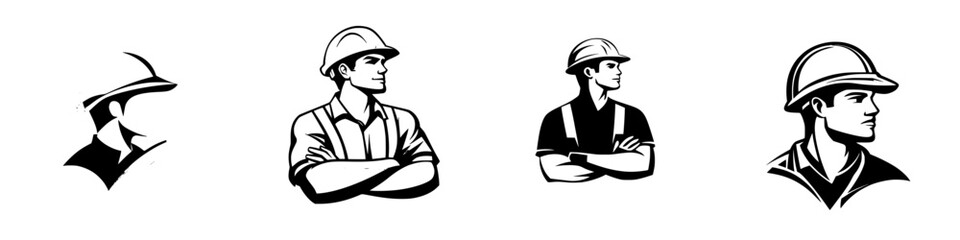 Illustrative collection of black icons representing various construction worker archetypes in different poses