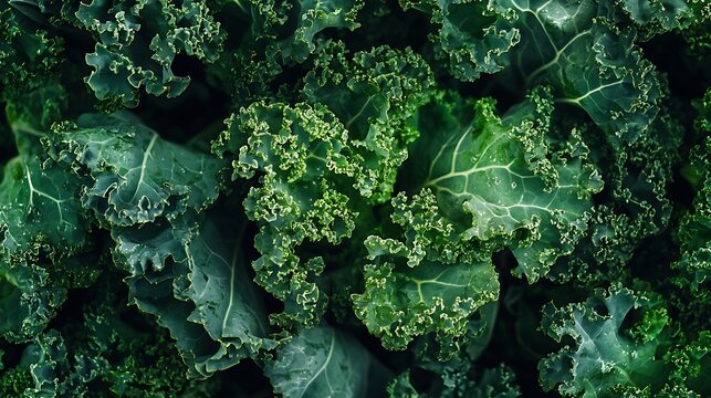 Close up of fresh, vibrant, dark green kale with curly edges and water droplets