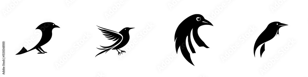 Poster set of four black bird icons designed with minimalist style for digital use in various applications