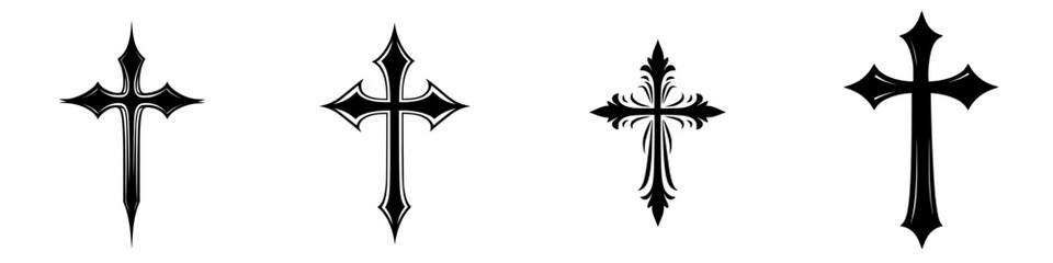 Various designs of black crosses displayed in a row for artistic inspiration and religious symbolism