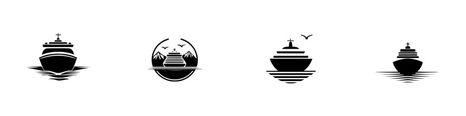 Black icons representing various styles of cruise ships and their scenic surroundings on a minimalist design
