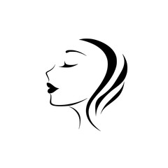 Elegant black icon showcasing a woman?s profile featuring flowing hair and graceful facial lines