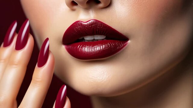 Close-up of glossy red lips and manicured nails of caucasian woman in glamour makeup. Concept of sensual beauty and cosmetics