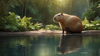 Capybara in the Rainforest A Majestic Creature in its Lush Habitat