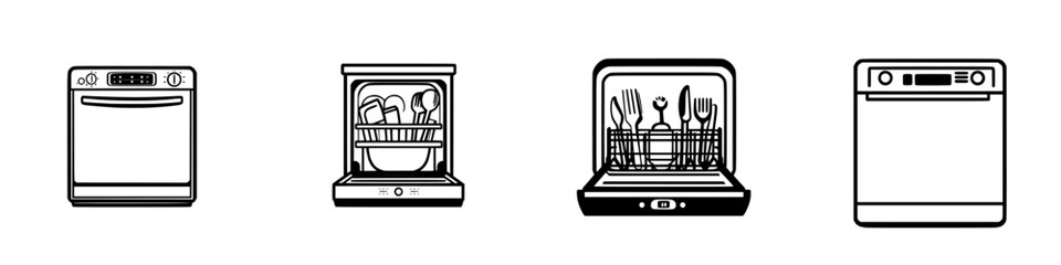Black kitchen appliance icons illustrating modern dishwasher designs and features for efficient cleaning and convenience