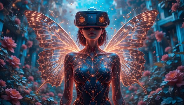 Virtual reality fairy with glowing wings in digital garden metaverse vr headset