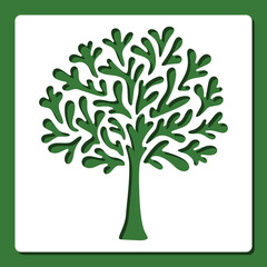 Stencil cartoon tree. The theme of nature, plants, leaves, ecology, environment, summer. Template for plotter laser cutting of paper, fretwork, wood carving, metal engraving, cnc. Vector illustration.