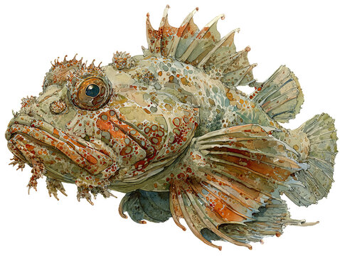 Detailed watercolor painting depicts a sculpin fish with intricate patterns and textures.