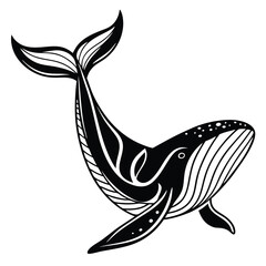 Elegant line art reveals a black whale swimming gracefully with upward tail