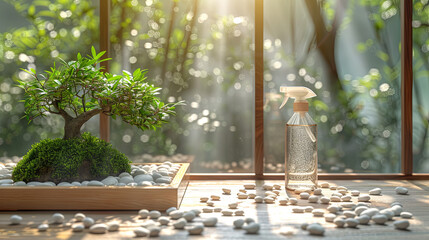 Zen Garden with Bonsai Tree and Eco-Friendly Spray Bottle in Sunlight