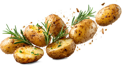Tasty baked potatoes and rosemary falling 
