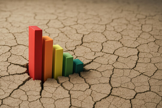 Declining colorful bar chart emerging from cracked dry soil symbolizes bankruptcy risk and fluctuating interest rate impact on financial stability in drought affected environment